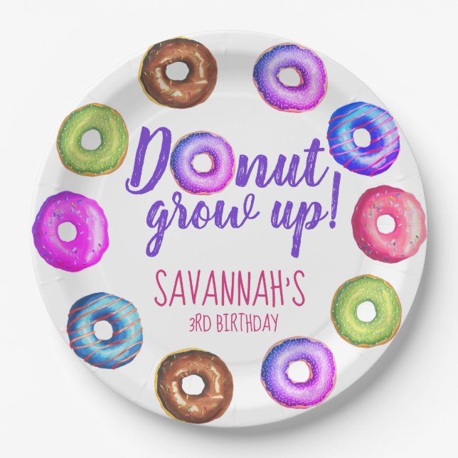 Doughnut Grow Up Doughnut Personalised Birthday Pa Paper Plate (Front)