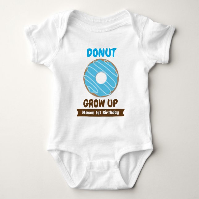 Doughnut Grow Up First Birthday Boy Name Baby Bodysuit (Front)