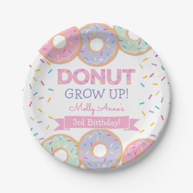 Doughnut Grow Up Girl Sprinkles Pink Birthday Paper Plate (Front)