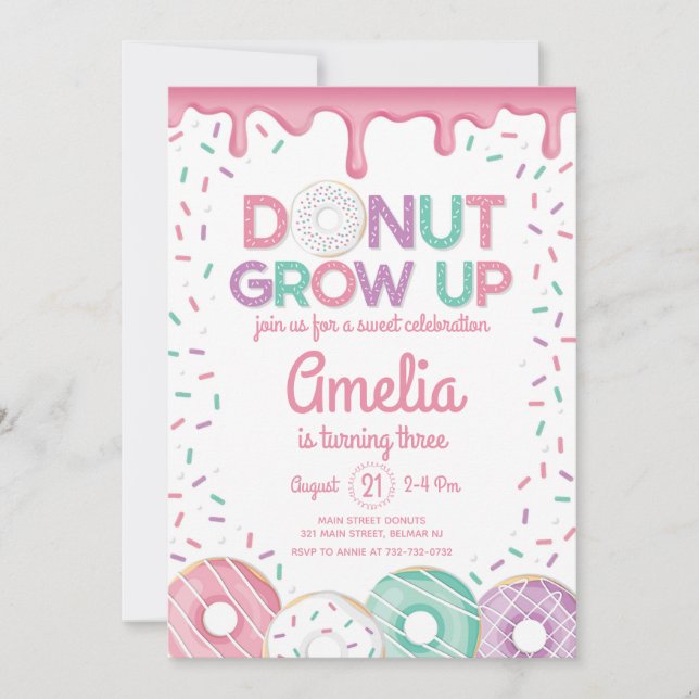 Doughnut Grow Up Pink Doughnut Birthday Invitation (Front)