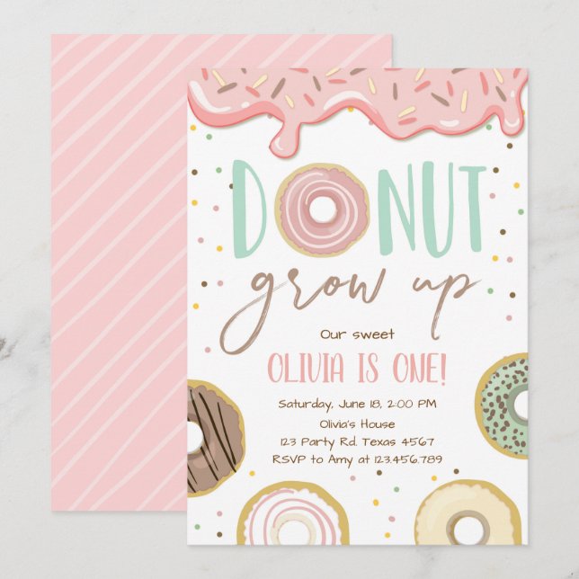 Doughnut Grow Up Pink Doughnut Girl Birthday Party Invitation (Front/Back)