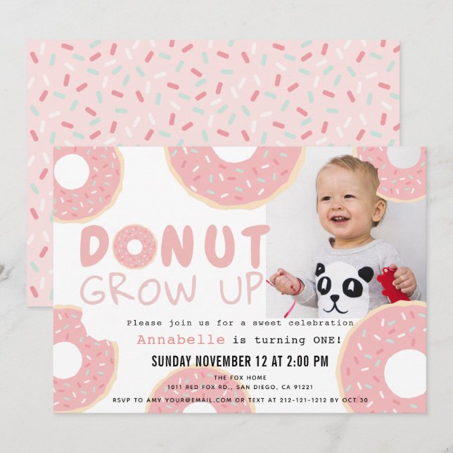 Doughnut Grow Up Pink Girl Photo 1st Birthday Invitation (Front/Back)