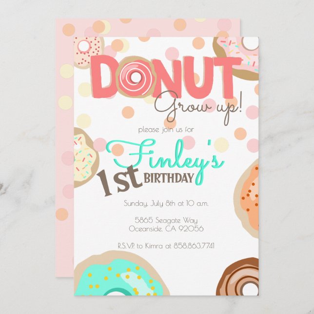 Doughnut Grow Up Theme Birthday little girl Brunch Invitation (Front/Back)