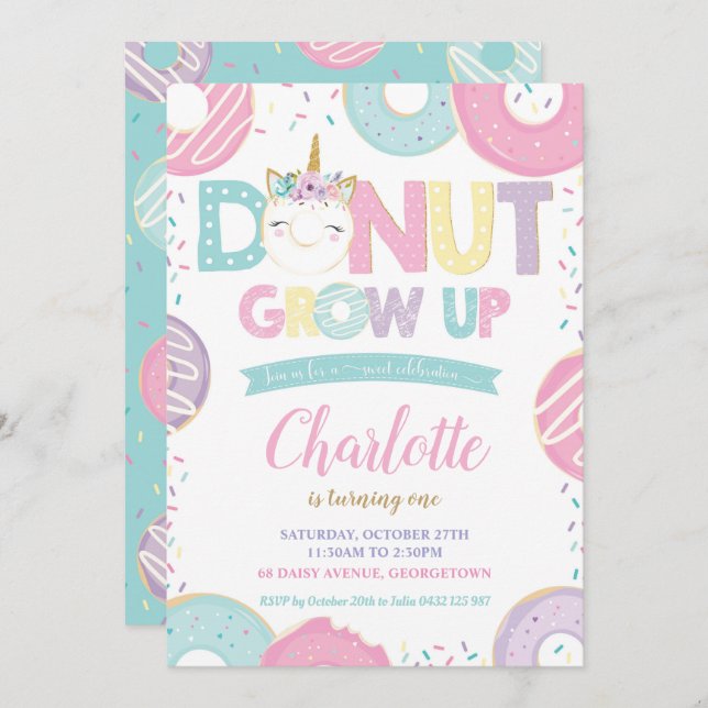 Doughnut Grow Up Unicorn 1st Birthday Invitation (Front/Back)