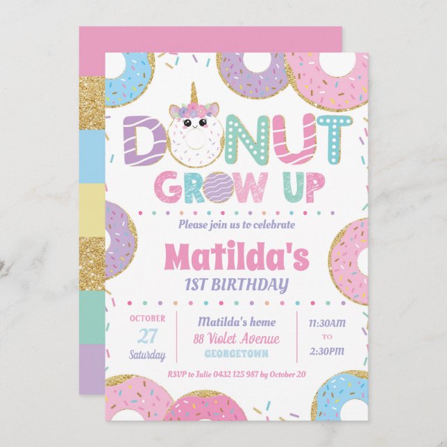 Doughnut Grow Up Unicorn Birthday Invitations Girl (Front/Back)