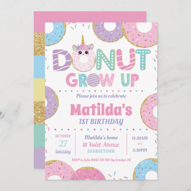 Doughnut Grow Up Unicorn Birthday Invitations Girl (Front/Back)