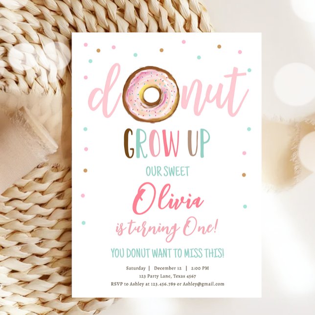 Doughnut Grow Up Watercolor Our Sweet Girl Birthda Invitation (Creator Uploaded)