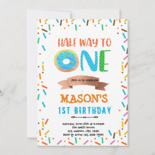Doughnut half way to one boy party invitation