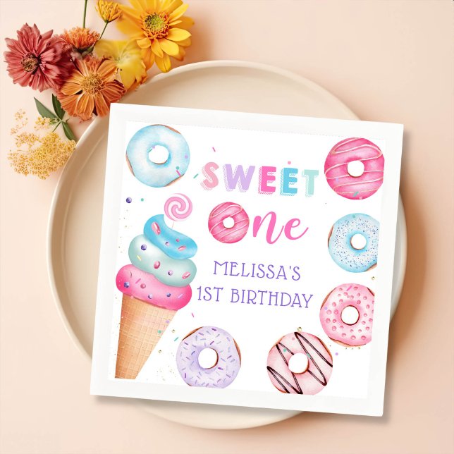 Doughnut Ice Cream Sweet One Birthday Party Napkin (Creator Uploaded)