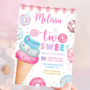 Doughnut Ice Cream Two Sweet 2nd Birthday Invitati Invitation