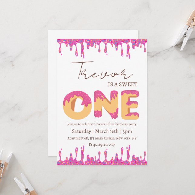 Doughnut illustration sweet one birthday invitation (Front/Back In Situ)