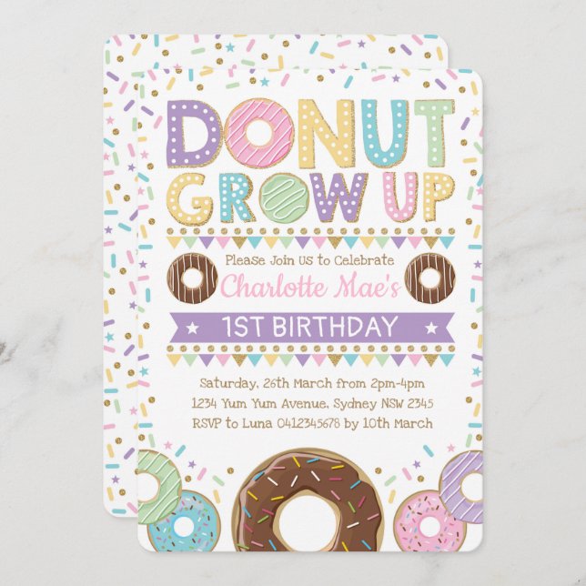 Doughnut Invitation Doughnut Birthday Party Pink (Front/Back)