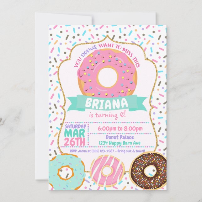 Doughnut Invitations, Pastel Gold Pink Doughnut In Invitation (Front)