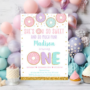 Doughnut Oh So Sweet Pink Gold First Birthday Invitation