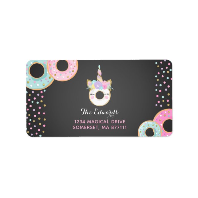 Doughnut Party Address Labels Doughnut & Unicorn (Front)