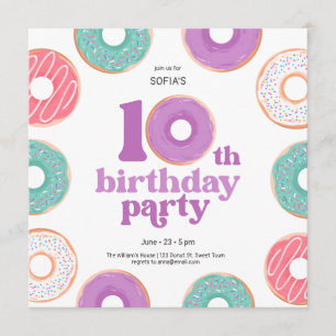 Doughnut Party Girl 10th Birthday Invitation
