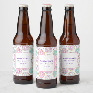 Doughnut Pattern Cute Colourful Birthday Beer Bottle Label