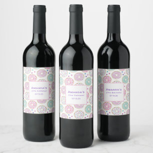 Doughnut Pattern Cute Colourful Birthday Wine Label