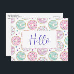 Doughnut Pattern Cute Colourful Postcard<br><div class="desc">A postcard with a deliciously fun pattern. Illustration of pastel pink and green doughnuts with sprinkles and icing.</div>