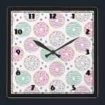 Doughnut Pattern Cute Colourful Square Wall Clock<br><div class="desc">A clock with a deliciously fun pattern. Illustration of pastel pink and green doughnuts with sprinkles and icing.</div>