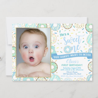 Doughnut Photo Birthday Invitation Boy Sweet One