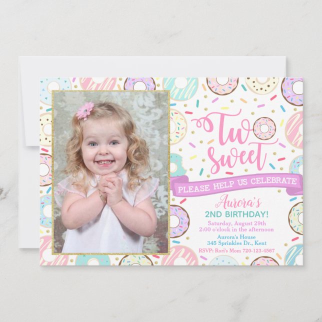 Doughnut Photo Birthday Invitation Two Sweet Party (Front)
