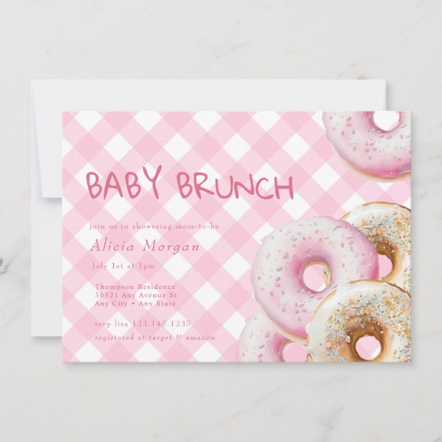 Doughnut | Pink Gingham Girl Baby Shower Invitatio Invitation (Front)