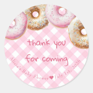 Doughnut   Pink Gingham Girl Baby Shower Thank You Classic Round Sticker