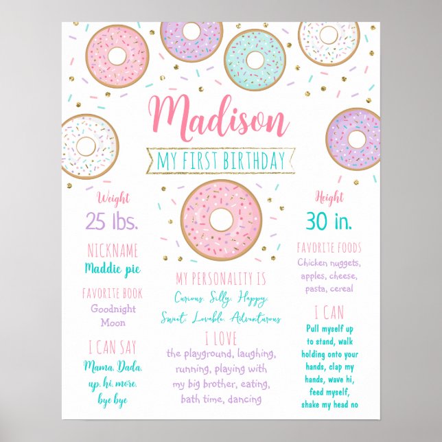 Doughnut Pink Gold First Birthday Milestone Poster (Front)