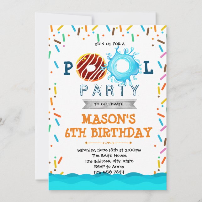 Doughnut pool party birthday invitation (Front)