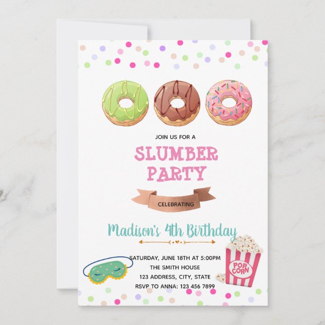 Doughnut pyjamas birthday theme invitation (Front)