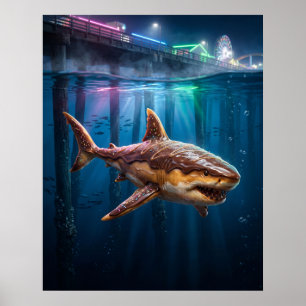 Doughnut Shark Neon Pier Poster