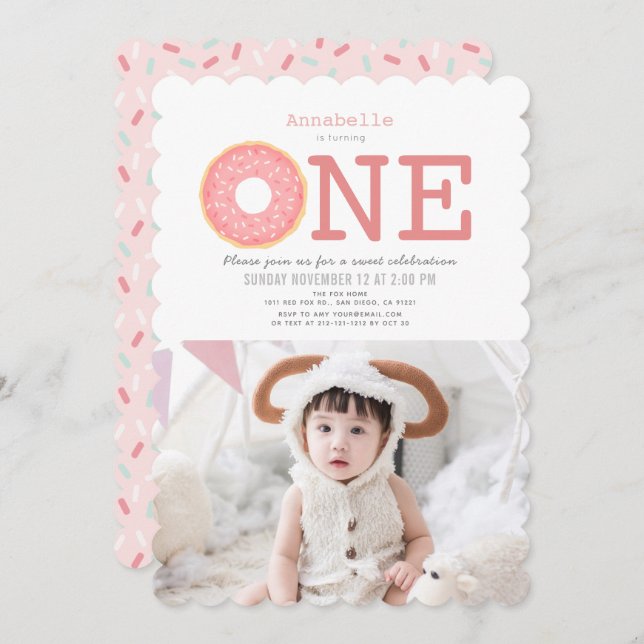 Doughnut Simple Pink Girl Photo 1st Birthday Invitation (Front/Back)