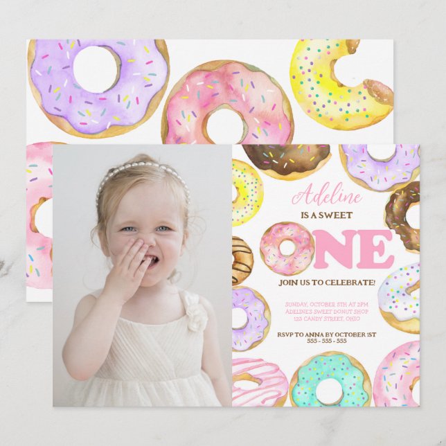 Doughnut Sweet One 1st Birthday Girl Cute Party Invitation (Front/Back)