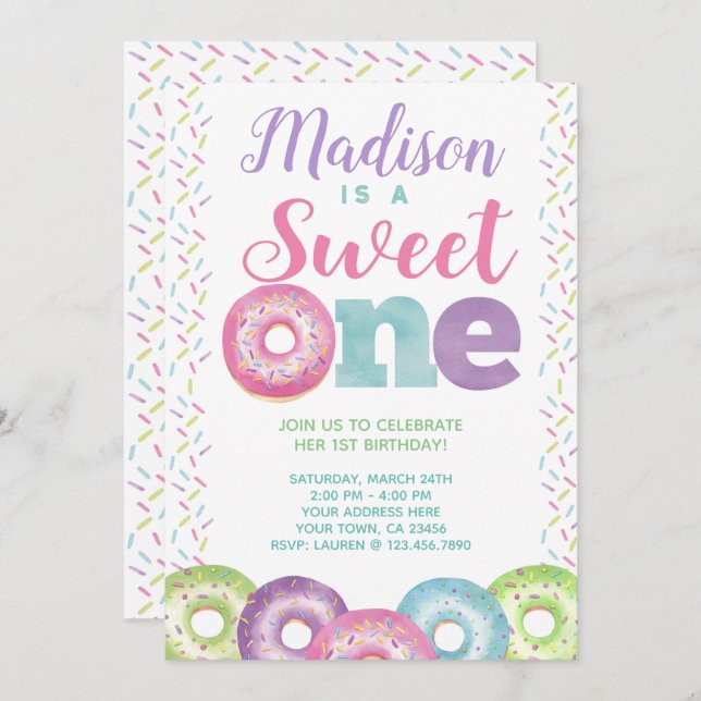 Doughnut, Sweet One, 1st birthday Invitation (Front/Back)