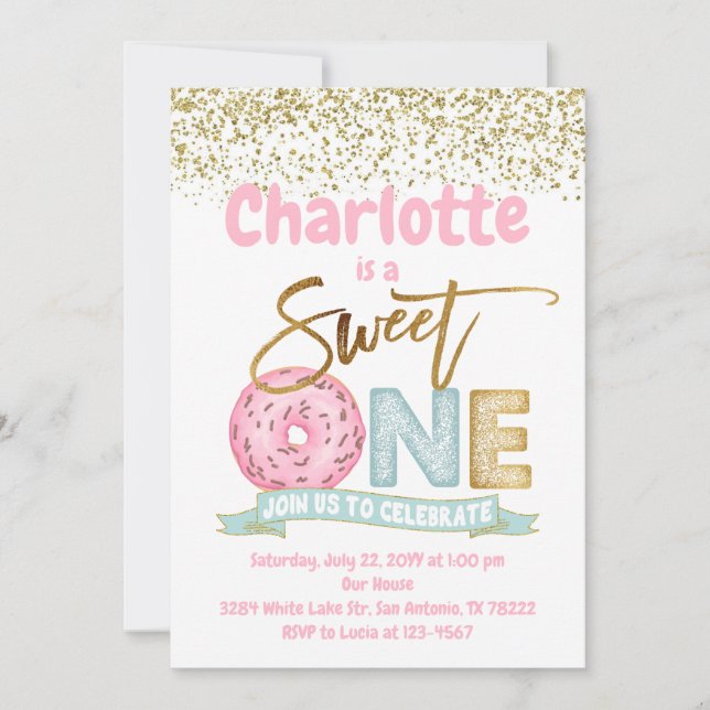 Doughnut Sweet One Gold Sprinkles 1st Birthday Par Invitation (Front)