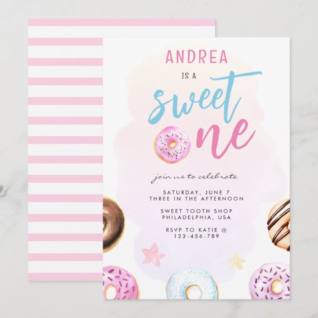 Doughnut Sweet One Pink and Blue Girl First Birthd Invitation (Front/Back)