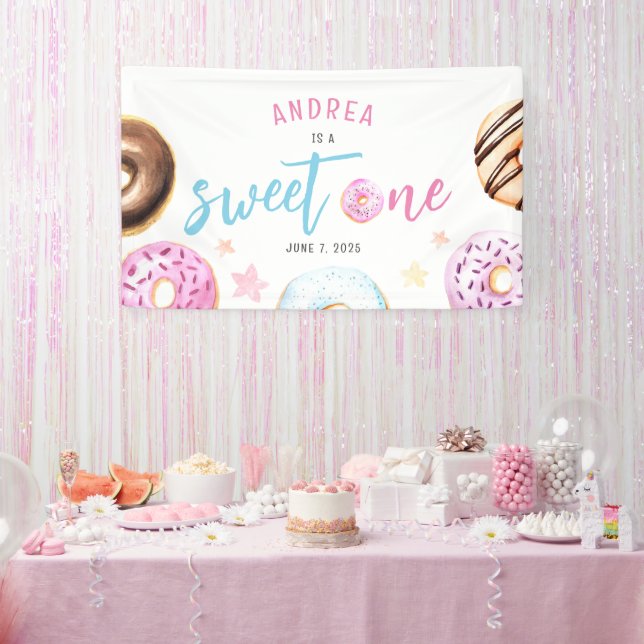 Doughnut Sweet One Pink and Blue Girls First Birth Banner (Party)