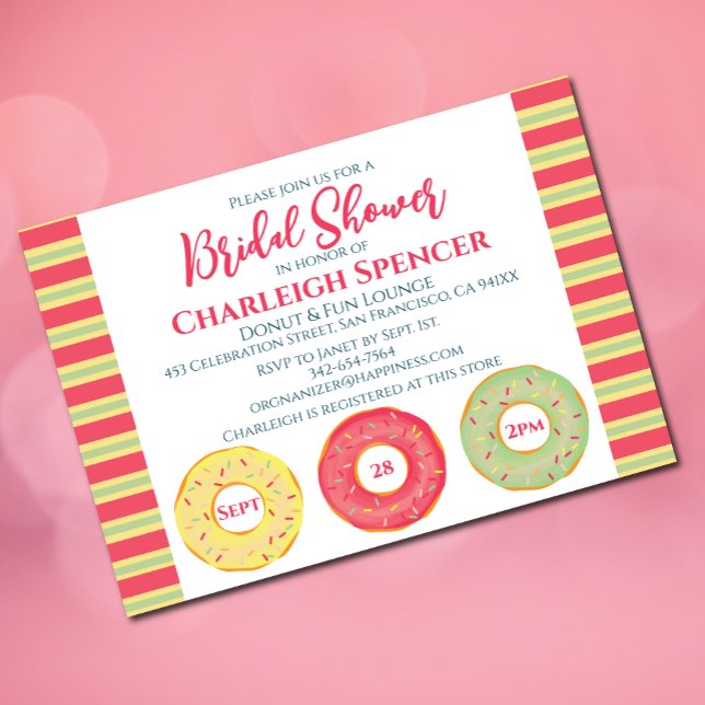 Doughnut themed bridal shower Invitation (Pink bridal shower invitation with donut elements)