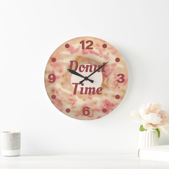 Doughnut Time Frosted with Pink Sprinkles Fun Kitc Large Clock (Home)