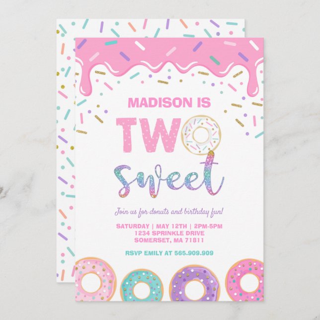 Doughnut Two Sweet Birthday Invite Doughnut Party  (Front/Back)