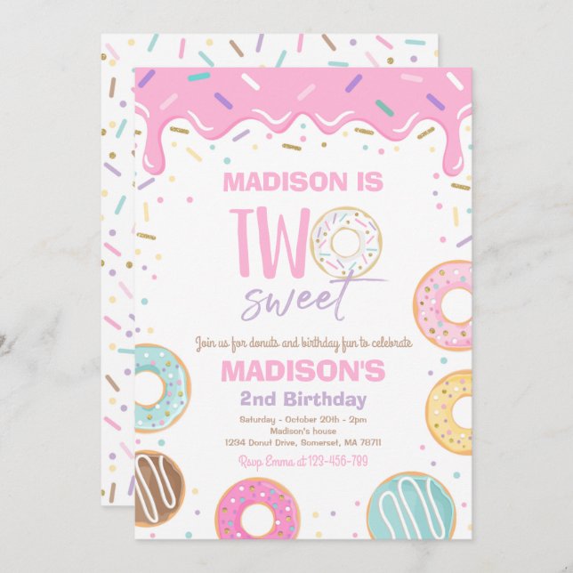Doughnut Two Sweet Birthday Two Sweet 2nd Birthday Invitation (Front/Back)