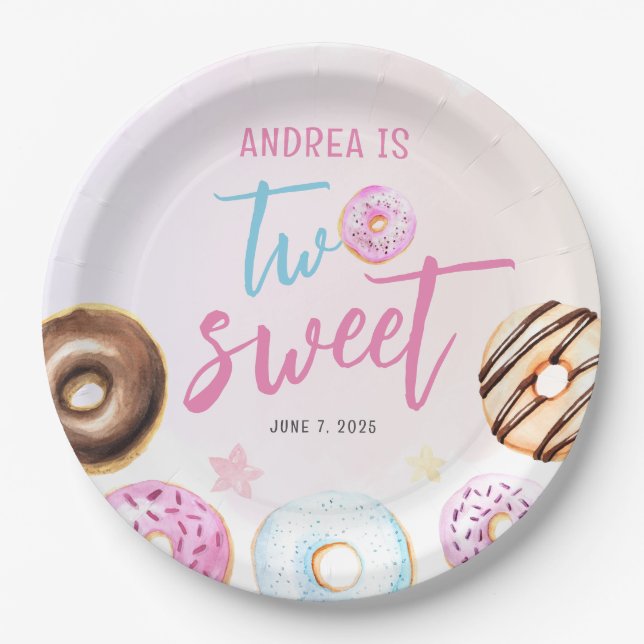 Doughnut Two Sweet Girl 2nd Birthday Paper Plate (Front)