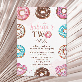 Doughnut Two Sweet Girl Sprinkles 2nd Birthday Invitation
