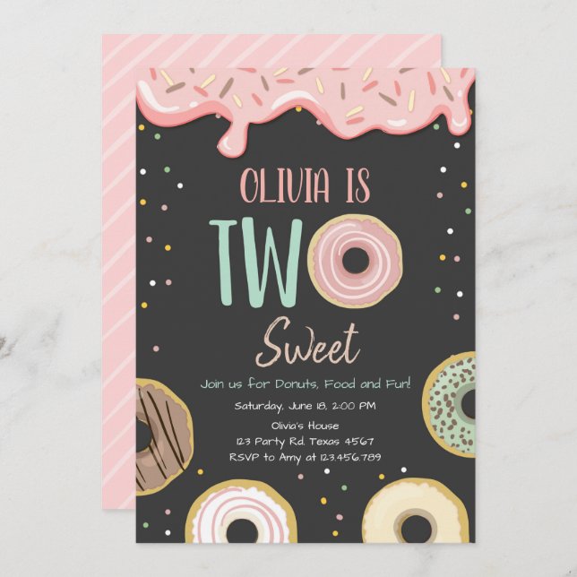 Doughnut Two Sweet Pink Doughnut Girl Birthday Par Invitation (Front/Back)