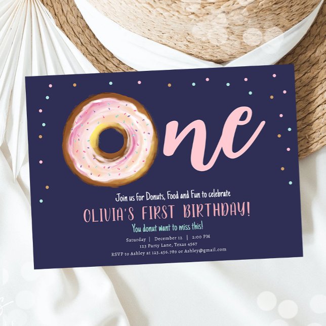 Doughnut Watercolor Sweet One Girl First Birthday  Invitation (Creator Uploaded)