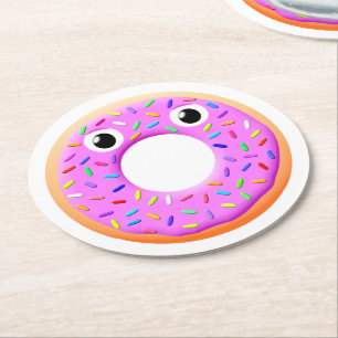 Doughnut With Eyes And Sprinkles Drawing Round Paper Coaster
