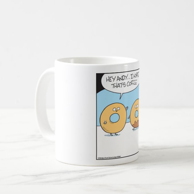 Doughnut wonders if coffee dripped.  mug (Front Left)