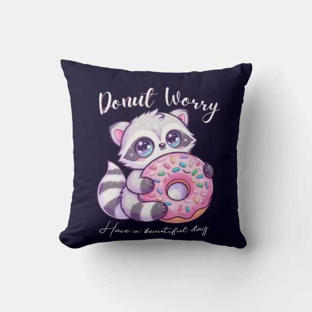 Doughnut Worry Cute Kawaii Racoon  Cushion (Front)