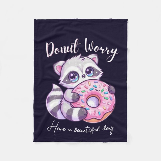 Doughnut Worry Cute Kawaii Racoon  Fleece Blanket (Front)